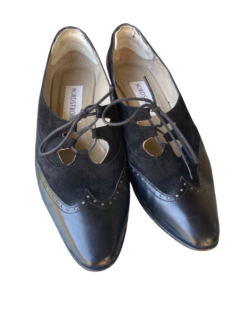 Nordstrom Spectator Wingtip Oxford Kitten Heels Black Leather Suede 9.5 - Picture 3 of 12